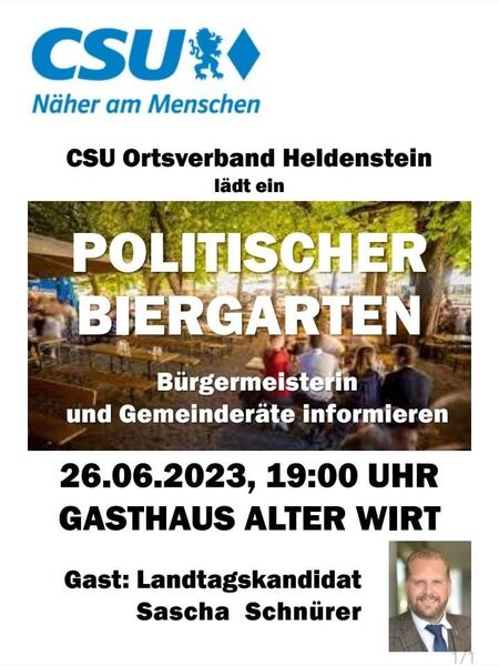 Politischer Biergarten - Bürgermeisterin und Gemeinderäte informieren. 28.06.2023, 19 Uhr. Gasthaus Alter Wirt. Gast: Landtagskandidat Sascha Schnürer