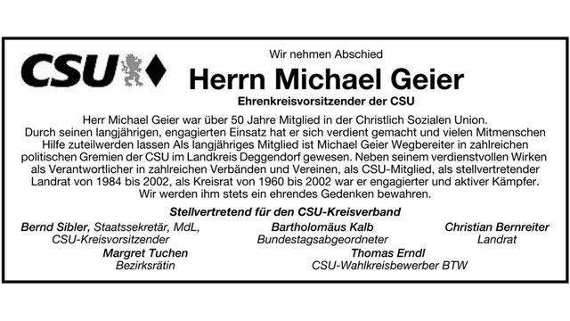 Deggendorfer Zeitung 08.04.2017 Wir trauern um unseren CSU-Ehrenkreisvorsitzenden Michael Geier