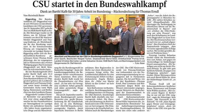 CSU startet in den Bundeswahlkampf
Dank an Barthl Kalb für 30 Jahre Arbeit im Bundestag - Rückendeckung für Thomas Erndl