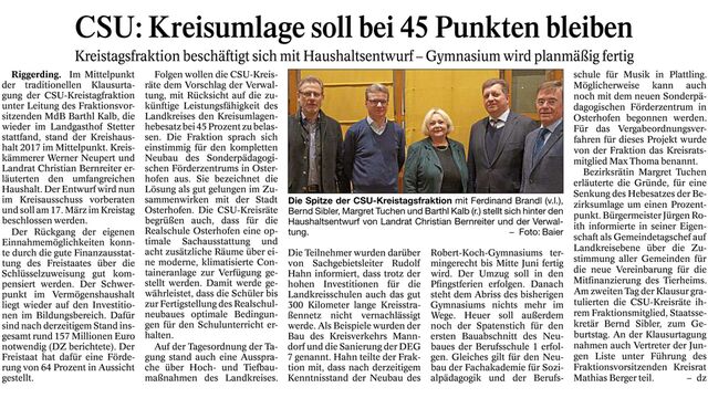 CSU: Kreisumlage soll bei 45 Punkten bleiben
Kreistagsfraktion beschäftigt sich mit Haushaltsentwurf - Gymnasium wird planmäßig fertig