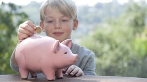 Solide Finanzen - Sparschwein Solide Finanzen - Junge wirft Geld in ein Sparschwein